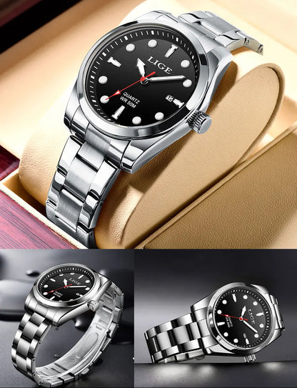 LIGE Mens Watches 5ATM Sports Waterproof Quartz Wristwatch Luminous Clock Ultra Thin Date Watch for Men Relogio Masculino+Box
