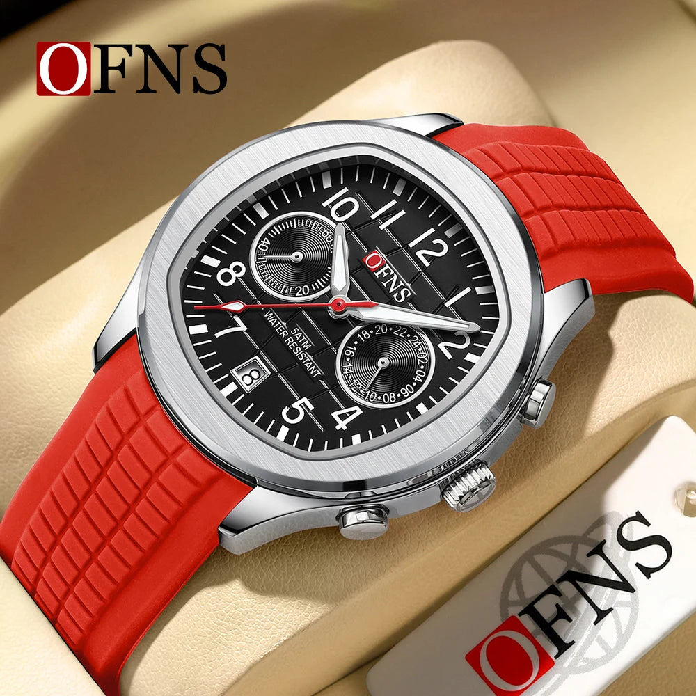 OFNS Brand 8020 New Men's Quartz Watch with Double Eyes, Five Needle Calendar, Waterproof and Fashionable Men's Quartz Watch