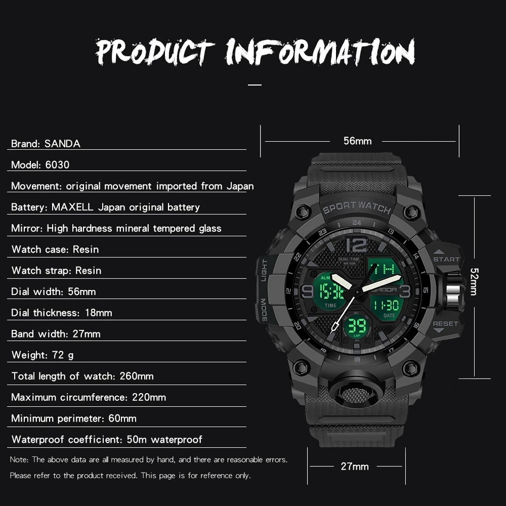 SANDA Top Brand Sports Men's Watches Military Quartz Watch Man Waterproof Wristwatch for Men Clock shock relogios masculino 6030
