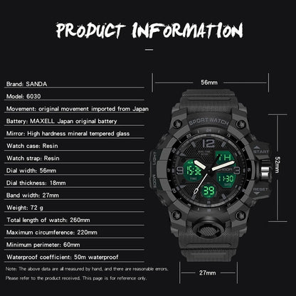 SANDA Top Brand Sports Men's Watches Military Quartz Watch Man Waterproof Wristwatch for Men Clock shock relogios masculino 6030