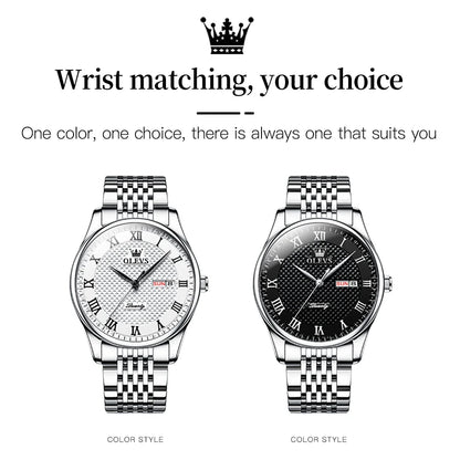 OLEVS New Quartz Watch for Men Waterproof Stainless Steel Business Fashion Calendar/Week Display Top Quartz Men's Watches
