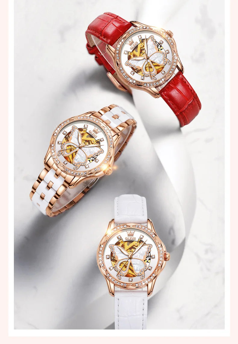 Montres automatiques OLEVS pour femmes de luxe en or rose squelette mécanique étanche lumineuse femmes bracelets montres ensemble élégant