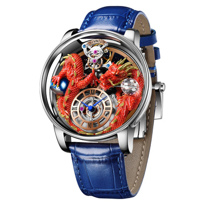 PINDU Men's Watch: Handmade Dragon Design with Curved Transparent Mirror
