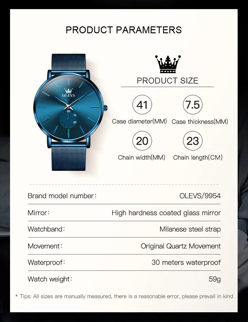 OLEVS Montres pour hommes avec cadran ultra fin de 7,5 mm Bracelet en maille d'acier inoxydable Montre à quartz décontractée de marque supérieure étanche et lumineuse pour hommes