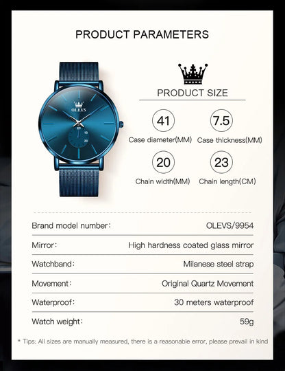 OLEVS Montres pour hommes avec cadran ultra fin de 7,5 mm Bracelet en maille d'acier inoxydable Montre à quartz décontractée de marque supérieure étanche et lumineuse pour hommes