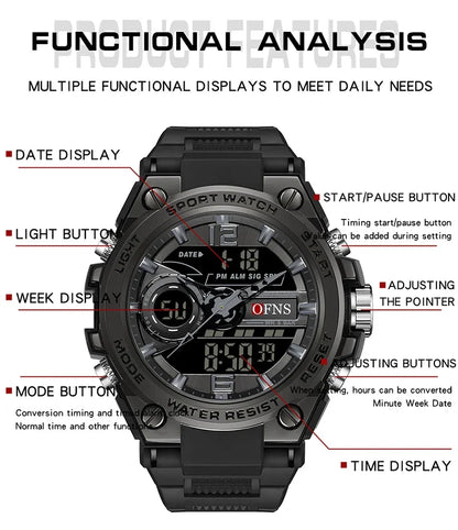 OFNS Top 6092 New Fashion Men's Sports Watch Military Waterproof Quartz Electronic LED Digital Men's Sports Quartz Watch 2024