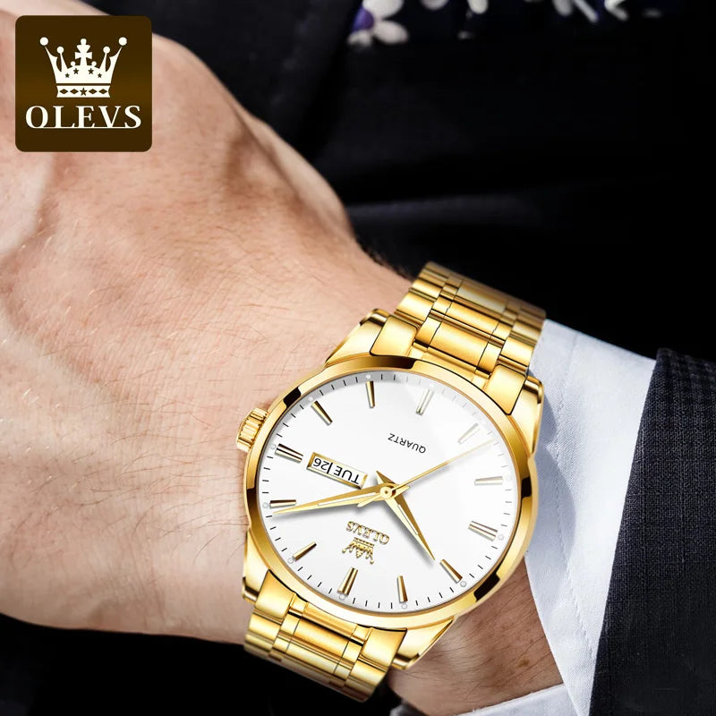 Montres-bracelets classiques en or OLEVS pour montre-bracelet à quartz pour hommes en cuir de luxe de marque supérieure, étanche et lumineuse en acier inoxydable