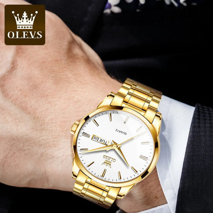 Montres-bracelets classiques en or OLEVS pour montre-bracelet à quartz pour hommes en cuir de luxe de marque supérieure, étanche et lumineuse en acier inoxydable
