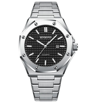 Royal Fashion Casual Men Watches Big Dial Silver Stainless Steel Calendar Quartz Wristwatch Classic Top Brand BINBOND Male Clock