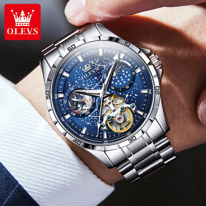 OLEVS New Men's Automatic Watch Skeleton Multifunctional Starry Sky Stainless Steel Leather Watchband Luxury Dress Wrist Watches