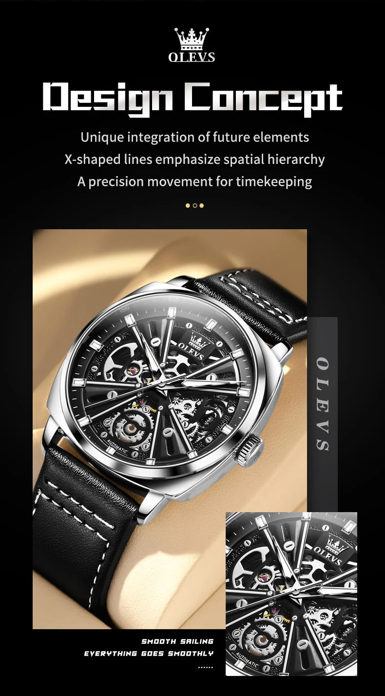 Montre automatique OLEVS 6685 pour homme, squelette doré, acier inoxydable, bracelet en cuir, étanche, sport, montres-bracelets mécaniques pour hommes