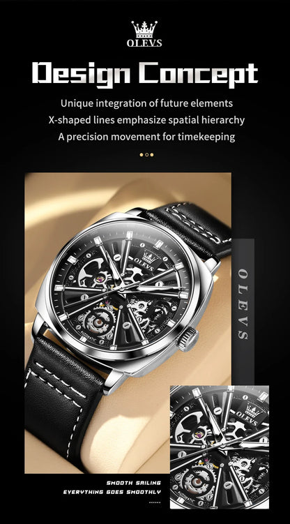 Montre automatique OLEVS 6685 pour homme, squelette doré, acier inoxydable, bracelet en cuir, étanche, sport, montres-bracelets mécaniques pour hommes