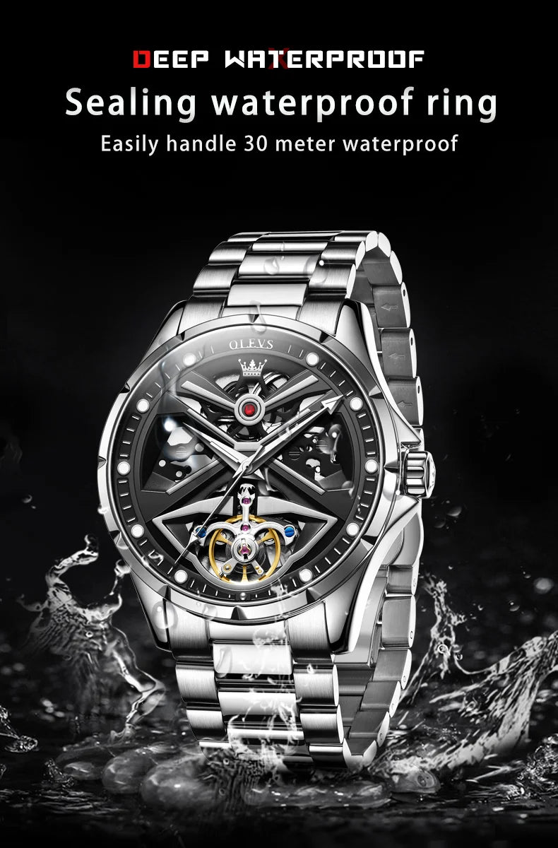 Montre automatique OLEVS pour homme squelette original lumineux étanche bracelet en cuir acier inoxydable montre mécanique pour homme or rose