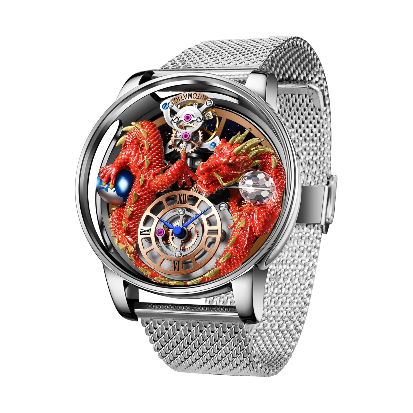 PINDU Men's Watch: Handmade Dragon Design with Curved Transparent Mirror