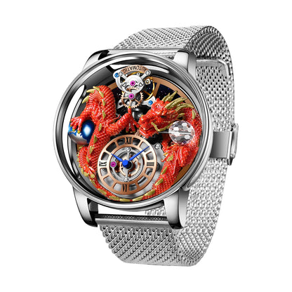 PINDU Men's Watch: Handmade Dragon Design with Curved Transparent Mirror
