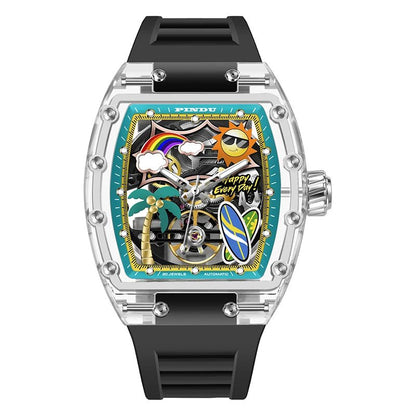 PINDU Men's Watch Silicone Strap Skeleton Dial with Luminous Design