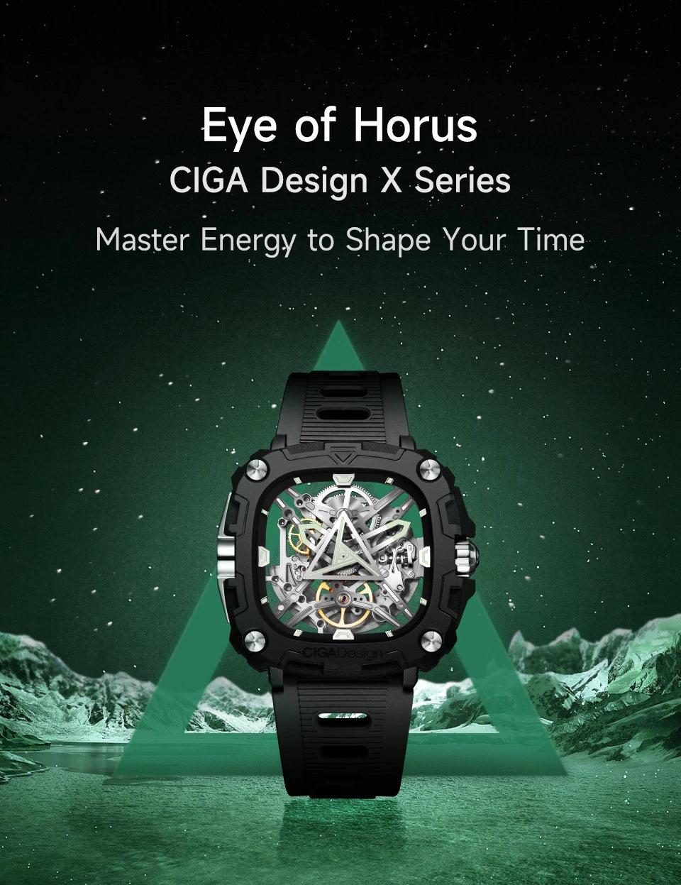 CIGA Design Series X Men's Watch: Eye of Horus Skeleton with Luminous Square Design.