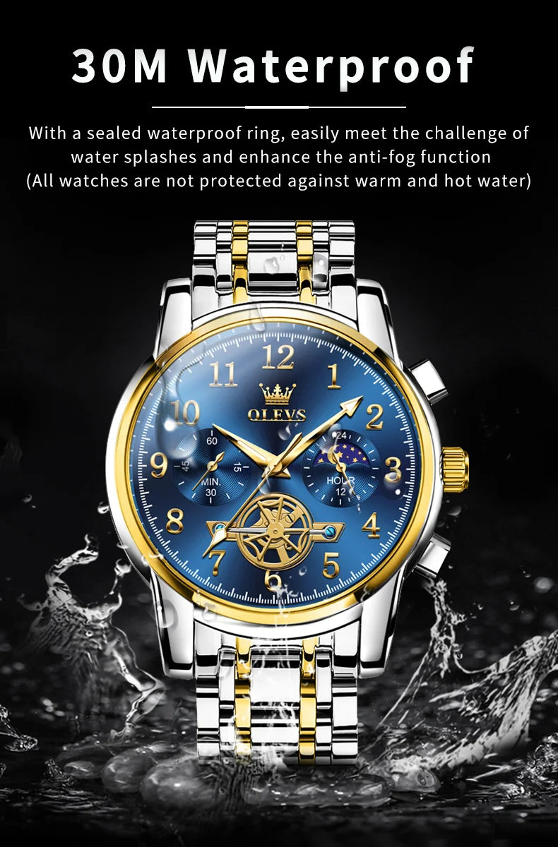 OLEVS Men's Watches Multifunctional Wristwatch for Men Waterproof Stainless Steel Luminous Flywheel Design Man Watch 2024 New