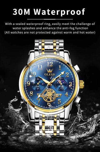 OLEVS Men's Watches Multifunctional Wristwatch for Men Waterproof Stainless Steel Luminous Flywheel Design Man Watch 2024 New