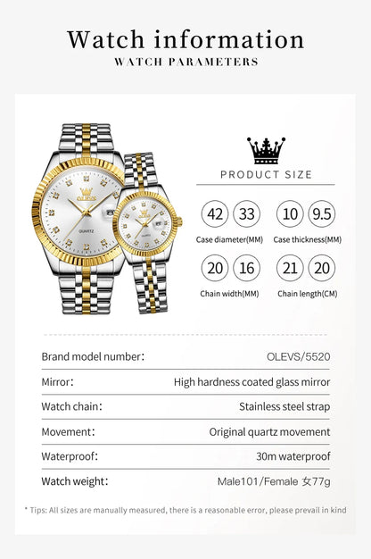Ensemble de montres pour couple OLEVS Montre de luxe en or avec diamant Montre-bracelet à quartz lumineuse étanche Montre en acier inoxydable pour amoureux Cadeaux 5526