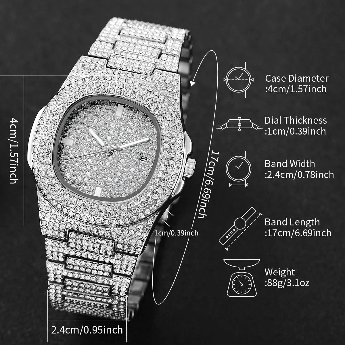 Montres de luxe en acier inoxydable pour hommes entièrement en diamant Montre-bracelet à quartz de sport pour hommes avec calendrier