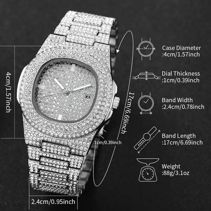 Montres de luxe en acier inoxydable pour hommes entièrement en diamant Montre-bracelet à quartz de sport pour hommes avec calendrier
