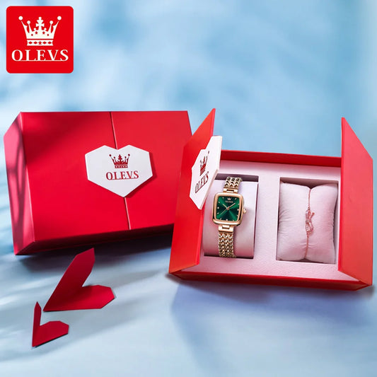OLEVS Nouvelle Montre À Quartz pour Femmes Élégante Montre Carrée En Acier Inoxydable Or Rose Montre-Bracelet De Luxe Originale Pour Femmes Ensemble De Bijoux