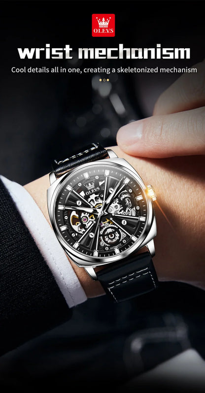 Montre automatique OLEVS 6685 pour homme, squelette doré, acier inoxydable, bracelet en cuir, étanche, sport, montres-bracelets mécaniques pour hommes