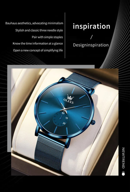OLEVS Montres pour hommes avec cadran ultra fin de 7,5 mm Bracelet en maille d'acier inoxydable Montre à quartz décontractée de marque supérieure étanche et lumineuse pour hommes