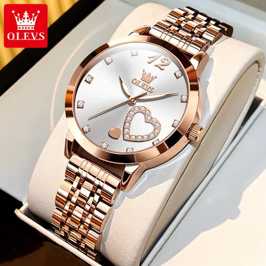 Montre à quartz avec bracelet en acier inoxydable OLEVS pour femme, design cœur en diamant, étanche, lumineuse, à quartz, originale
