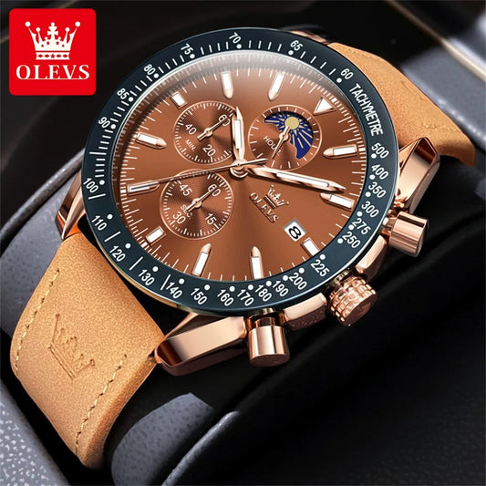 Montre à quartz originale pour homme OLEVS avec bracelet en cuir marron et phases de lune, étanche, multifonctionnelle, marque de luxe, nouveauté 2024