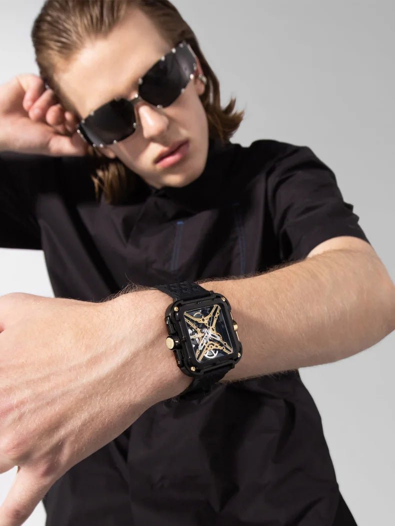 CIGA Design X Series Men's Watch: Titanium Gold Skeleton with Two Straps.