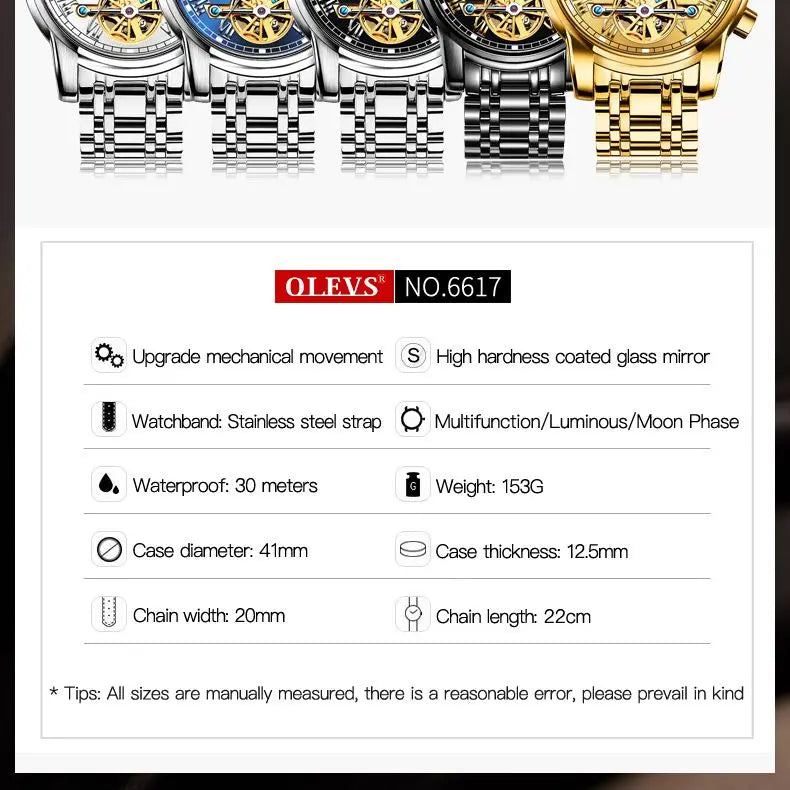 OLEVS Original Automatic Mechanical Watch for Men Luxury TOP Brand Waterproof Luminous Moon Phase Tourbillon Wristwatch Male