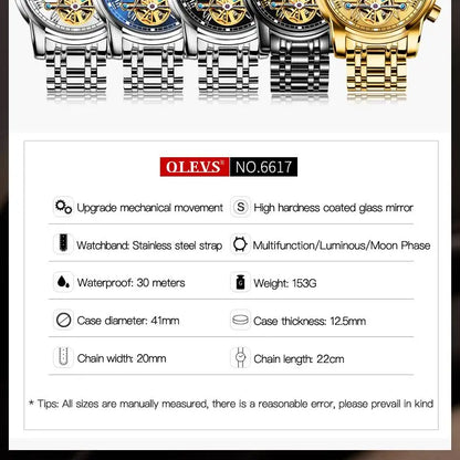 OLEVS Original Automatic Mechanical Watch for Men Luxury TOP Brand Waterproof Luminous Moon Phase Tourbillon Wristwatch Male