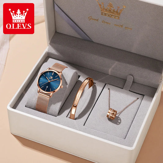 Montre OLEVS pour femme en or rose, marque de luxe japonaise, mouvement à quartz, ultra fine, pour femme, calendrier, date, ensemble de montres avec collier