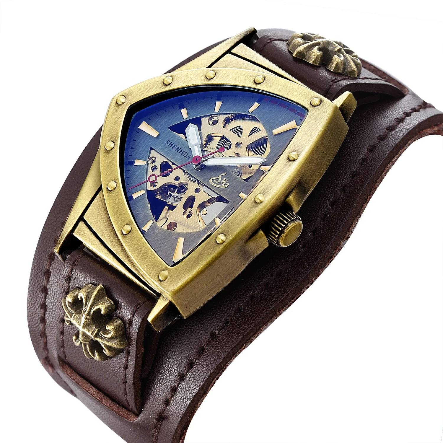 SHENHUA Luxury Skeleton Dial Men's Automatic Mechanical Watch Antique Bronze Steampunk Triangle Wristwatches.