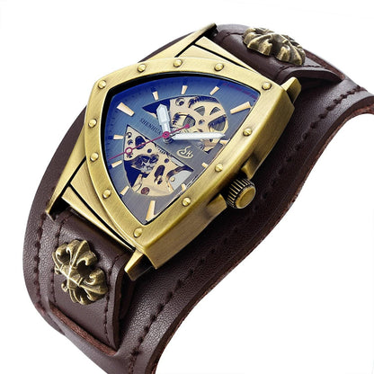 SHENHUA Luxury Skeleton Dial Men's Automatic Mechanical Watch Antique Bronze Steampunk Triangle Wristwatches.