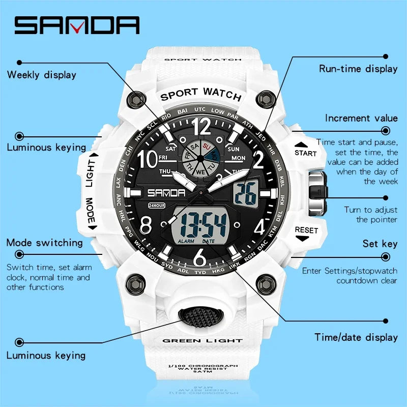 ساعة يد كهربائية كورية جديدة للرجال بتصميم رياضي شبابي جديد لعام 2024 ساعة يد SANDA 3306 شخصية إبداعية للرجال