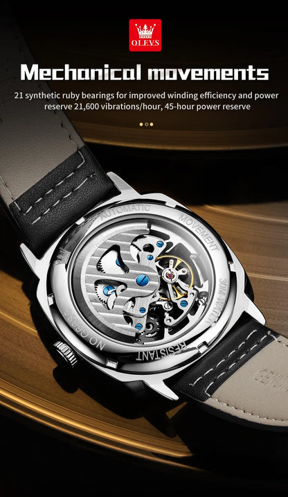 Montre automatique OLEVS 6685 pour homme, squelette doré, acier inoxydable, bracelet en cuir, étanche, sport, montres-bracelets mécaniques pour hommes