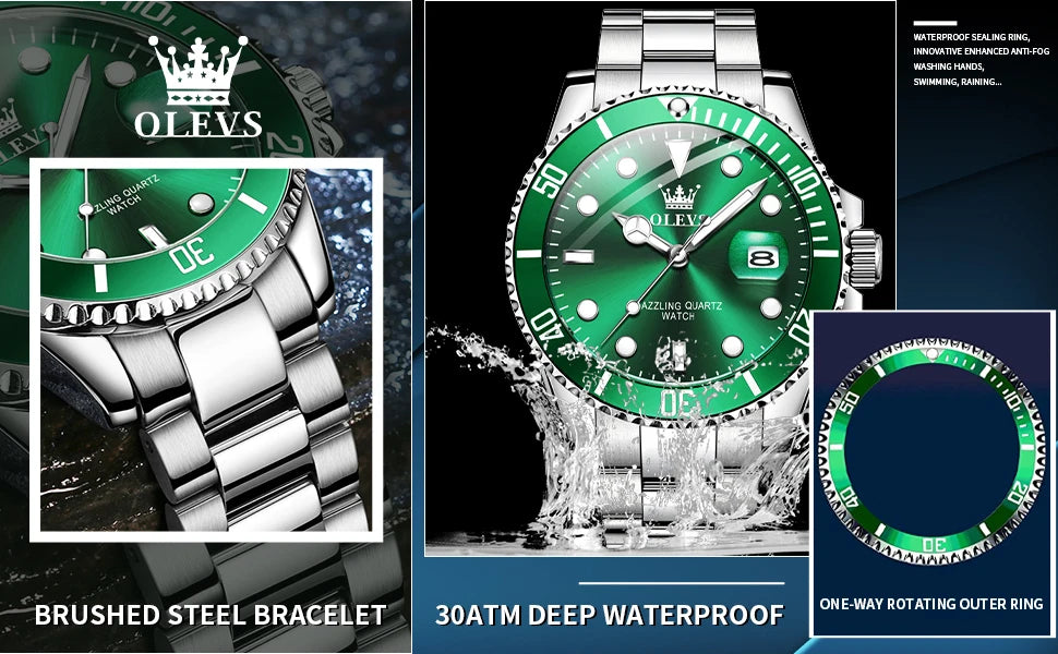 OLEVS Men Watch Diver Green Waterproof Watch for Men Stainless Steel Quartz Men Luxury Watch Luminous