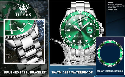OLEVS Men Watch Diver Green Waterproof Watch for Men Stainless Steel Quartz Men Luxury Watch Luminous