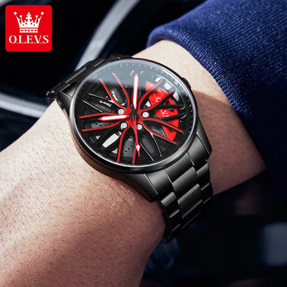 Montre à quartz OLEVS pour homme, bracelet en acier inoxydable rotatif à 360 °, jante de voiture de sport, moyeu de roue, squelette, montre-bracelet étanche