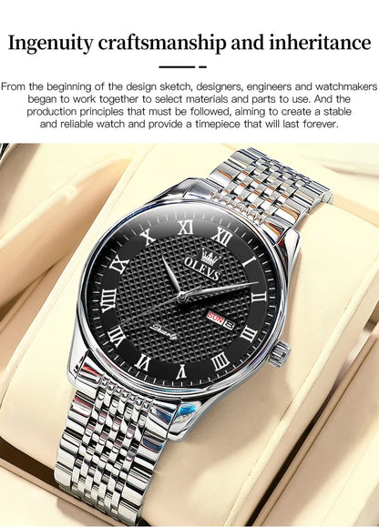 OLEVS New Quartz Watch for Men Waterproof Stainless Steel Business Fashion Calendar/Week Display Top Quartz Men's Watches