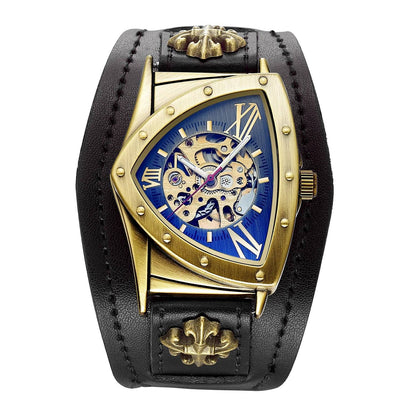 SHENHUA Luxury Skeleton Dial Men's Automatic Mechanical Watch Antique Bronze Steampunk Triangle Wristwatches.