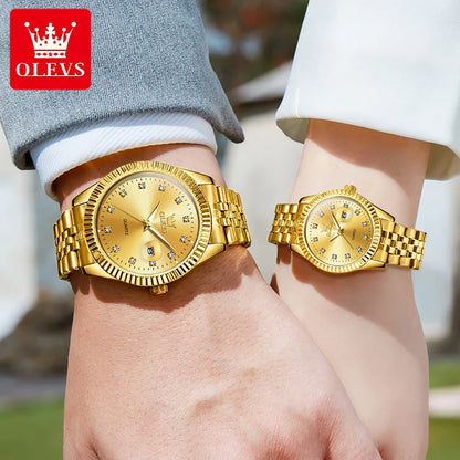 Ensemble de montres pour couple OLEVS Montre de luxe en or avec diamant Montre-bracelet à quartz lumineuse étanche Montre en acier inoxydable pour amoureux Cadeaux 5526