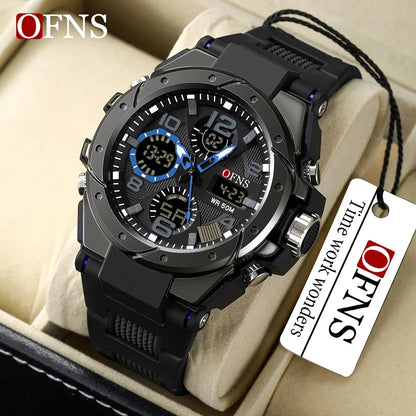 OFNS Top Brand 6008 Montre de sport tendance pour homme Double écran Analogique Numérique LED Montre à quartz électronique Montre étanche pour homme