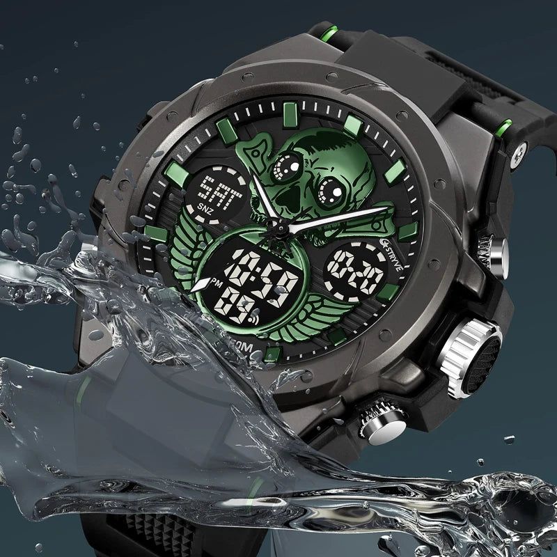 New STRYVE Men's Watch Creative Skull Design Digital-Analog Dual Display Watch Calendar Week Stopwatch Multifunction Watch S8008