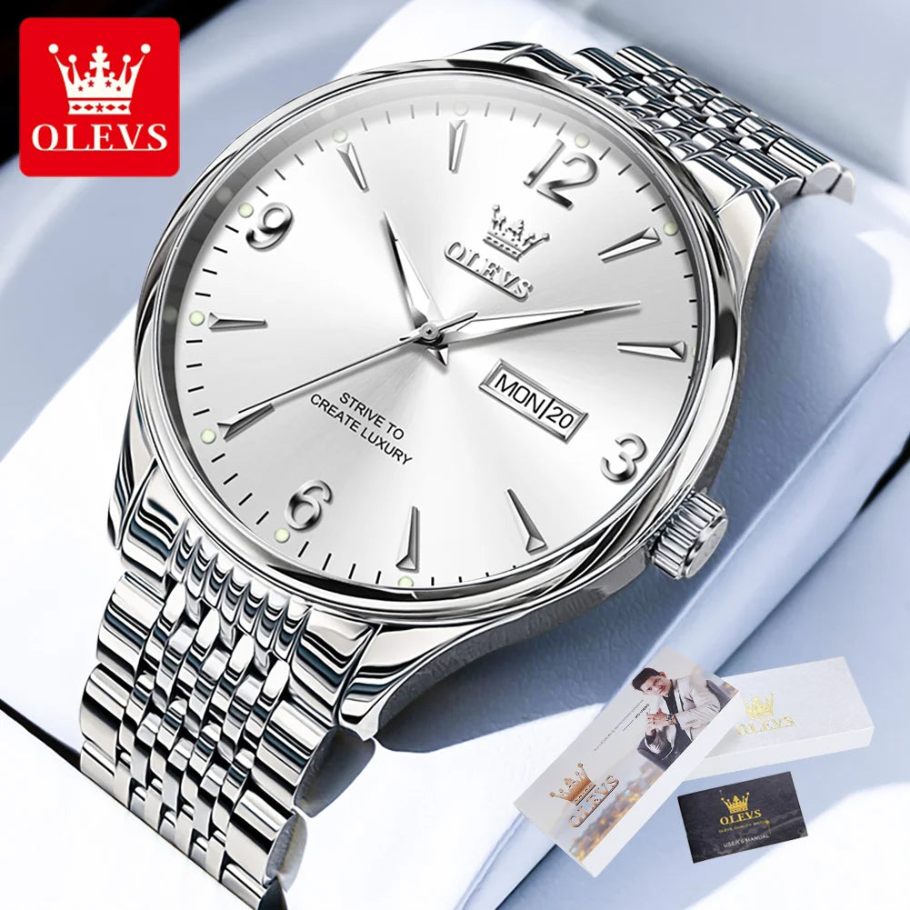 Montre de luxe pour homme OLEVS - Montre à quartz classique et décontractée - En acier inoxydable - Étanche - Avec semaine et date