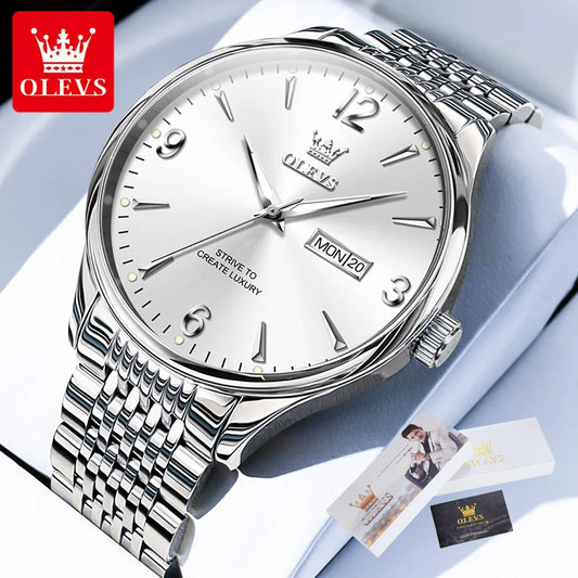 Montre de luxe pour homme OLEVS - Montre à quartz classique et décontractée - En acier inoxydable - Étanche - Avec semaine et date