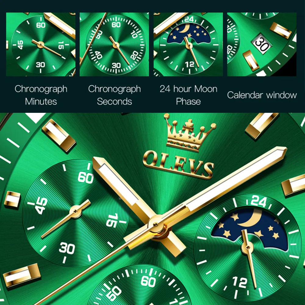 OLEVS Montre Homme Acier Inoxydable Étanche Luiminous Business Mode Luxe Montre Homme Date Phase De Lune Montres À Quartz Pour Hommes